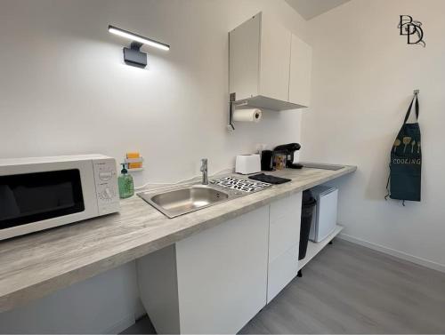une cuisine avec un évier et un micro-ondes sur un comptoir dans l'établissement T1 Bis appartement B3 30m2 Cosy 7min à pieds des Gares, à Roanne