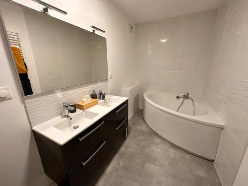 une salle de bain avec une baignoire et un lavabo et une baignoire dans l'établissement Charmant Duplex Moderne à la Bastide - Un Havre de Confort à Bordeaux, à Bordeaux