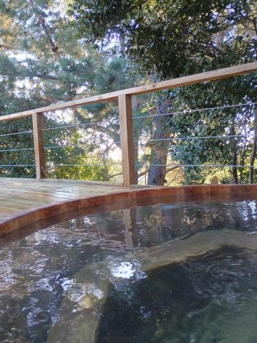 a pool of water with a wooden fence at Alto Curanipe in Pelluhue