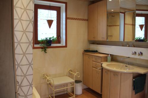 a bathroom with a sink and a mirror at Ferienhaus am Belmermoor 167 in Brunsbüttel