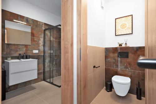 a bathroom with a shower and a toilet and a sink at Fully equipped Apartments with Terraces, Free garage parking, Netflix & AC - by Apartmány Šlapanice cz in Šlapanice