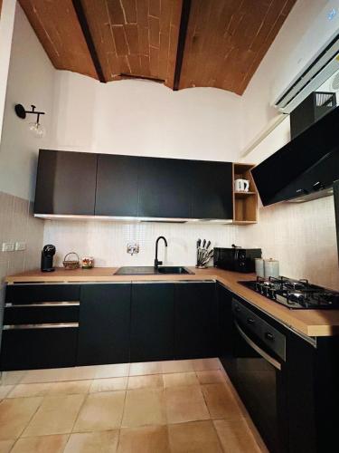 a kitchen with black cabinets and a sink at Elisia in Terricciola