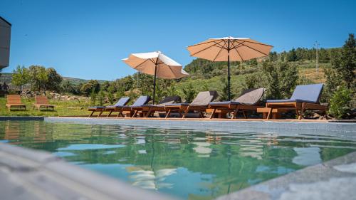 a group of chairs and umbrellas next to a swimming pool at TerraSense Mountain Charm Retreat & Farm in Videmonte