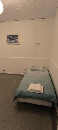 une chambre avec un lit avec une couverture verte dans l'établissement Appartement Les Sablettes bord de mer, à La Seyne-sur-Mer