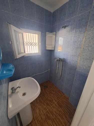 un piccolo bagno con lavandino e doccia di Dar Kamel a El Haouaria