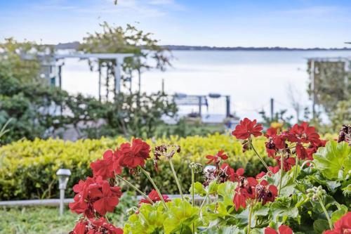 a garden with red flowers and the ocean in the background at Luxury Waterfront Holiday Home in Toukley