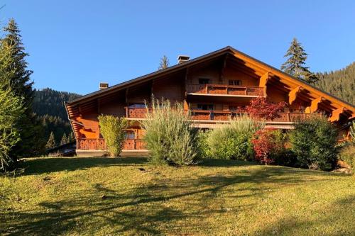 a large log cabin with a lawn in front of it at Magnifique chalet appartement à Villars, vue sur les alpes in Villars-sur-Ollon