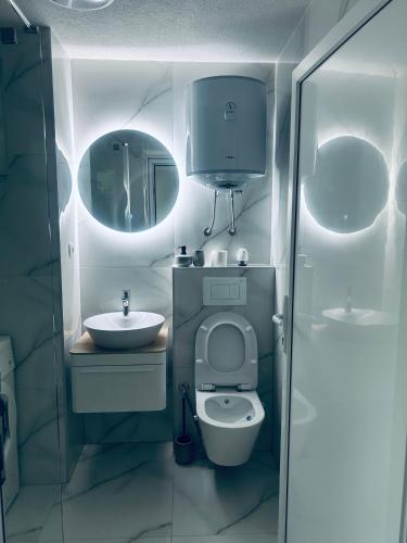 a small bathroom with a toilet and a sink at Apartman Zen in Bihać