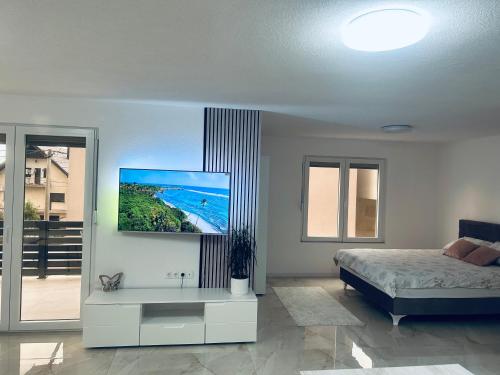 a bedroom with a bed and a tv on the wall at Apartman Zen in Bihać