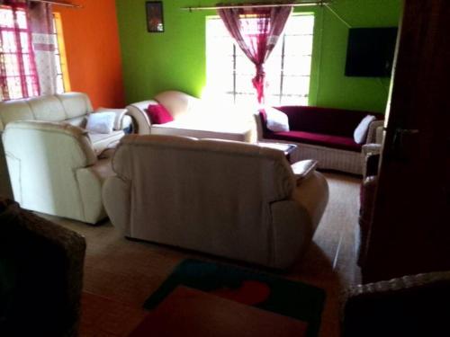 a living room with white furniture and green walls at Full Home Busia at Nambale Gated Wifi and Electricity in Nambale