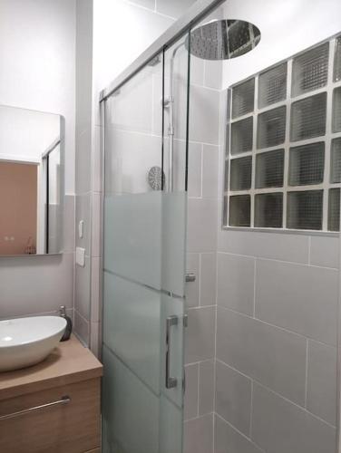 une salle de bain avec une douche en verre avec un lavabo dans l'établissement Charmant Appart-proche Bordeaux, à Talence