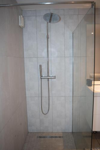 une douche avec une porte vitrée dans une salle de bain dans l'établissement Le Bathalzar, à Villeneuve d'Ascq