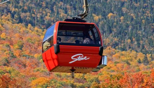 a red cable car flying over a forest at 1116 Lodge At Spruce Peak Ski In Ski In Ski Out King Studio By Stowe Mountain Rentals in Stowe