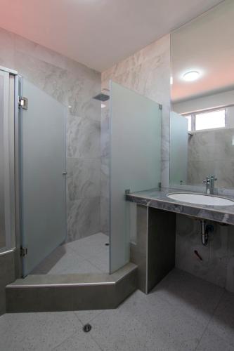 a bathroom with a sink and a shower and a mirror at Departamento con Vista a la Ciudad in Cusco