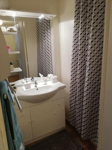 une salle de bain avec un lavabo et un rideau de douche dans l'établissement Le balcon du Pla Del Mir, les Angles, aux Angles