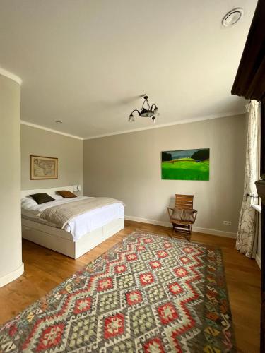 a bedroom with a bed and a rug at Appartment II Dwor Kuflew in Mrozy