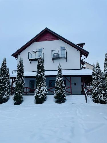 a house covered in snow with christmas trees in front at Vyskoč na hory in Nová Lesná