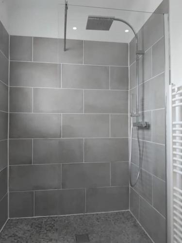 une douche avec une porte vitrée dans une salle de bain dans l'établissement Maison des Poules Roses, à Pierrelaye