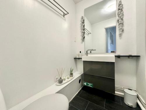 une salle de bain blanche avec des toilettes et un lavabo dans l'établissement Les Arènes, zen et moderne, à Limoges