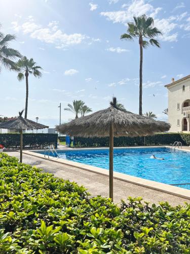 a swimming pool with umbrellas and palm trees at Playa y montaña 1ª linea Piscina Parking AC in El Campello