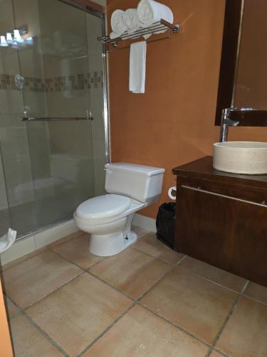 a bathroom with a toilet and a shower and a sink at Playa Coronado - Suite Privada en Hotel Coronado Luxury Club & Suites in Chame