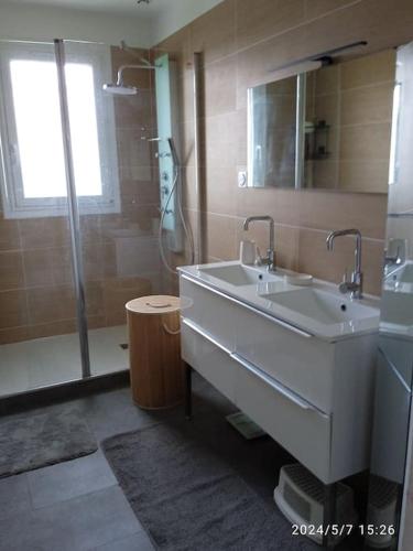 une salle de bain avec un lavabo et une douche dans l'établissement Charmante maison de ville climatisée avec Wifi, à Saint-Yrieix-la-Perche