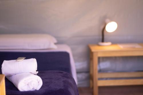a hotel room with a bed and a stack of towels at Portal Beija-Flor in Alto Paraíso de Goiás