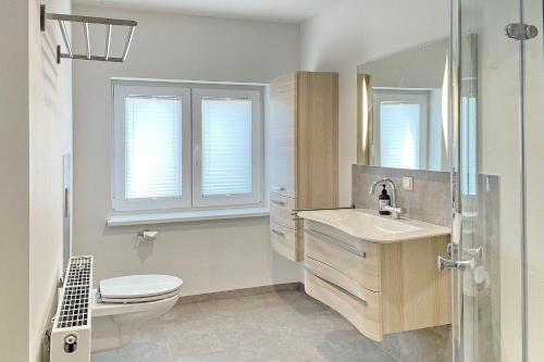 a bathroom with a toilet and a sink and a mirror at Libelle in Lübben