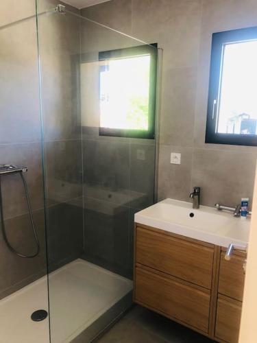 une salle de bain avec une douche en verre et un lavabo dans l'établissement Family home with pool - 5 bedrooms, à Capbreton