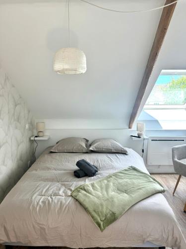 a bedroom with a bed with a pillow and a window at Suite Au grand air in Châteauneuf-du-Faou