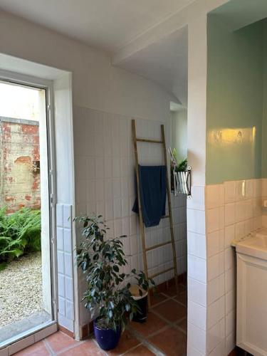 d'une salle de bains avec une plante dans l'angle d'une pièce. dans l'établissement Typical French House near Disneyland & Paris, à Coupvray