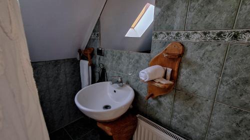 uma casa de banho com um lavatório e um lavatório branco em Alpes Hotel em Pucón