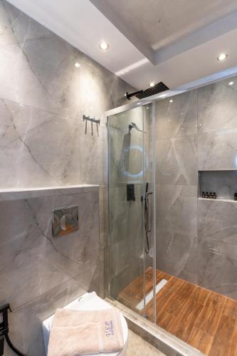a bathroom with a shower and a toilet at BSP RENT ROOMs in Paralia Sikias