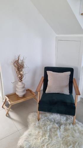 a chair with a pillow and a vase on a table at Golija Simovic home in Radaljica