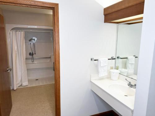 a bathroom with a shower and a sink and a mirror at Farmstead Inn and Conference Center in Shipshewana