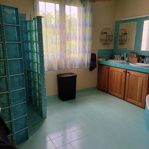 une salle de bain avec deux lavabos et une douche en verre dans l'établissement Domaine Anges et Oiseaux 2 à 10 personnes, à Saint Paul de Loubressac