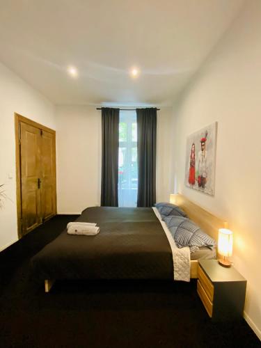 a bedroom with a large bed and a window at Topolove Rooms & Apartments in Krakow