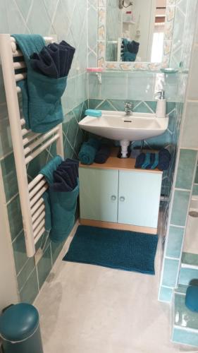 une salle de bain avec un lavabo et un miroir dans l'établissement Magnanerie Le Mas d'Elise, à Boisset-et-Gaujac