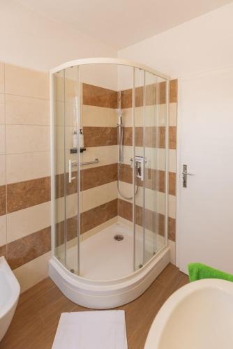 a bathroom with a shower with a glass enclosure at Retro house in Kamnik in Kamnik