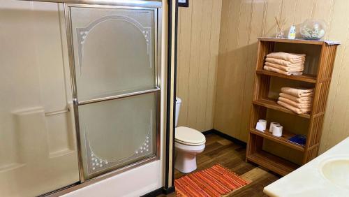 a bathroom with a shower and a toilet at TAHITI - Bungalow Taharuu Surf Hoe in Papara