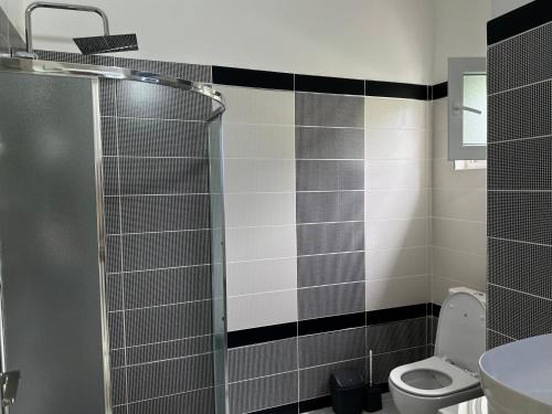 a bathroom with a shower and a toilet at Villa Tragos in Vlorë
