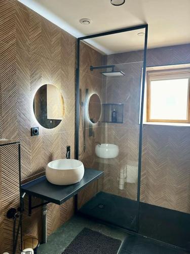 une salle de bain avec un lavabo et une douche dans l'établissement Le loft Émeraude, à Dunkerque