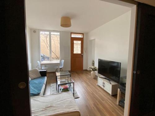 un salon avec un canapé et une télévision dans l'établissement Appartement à Bagneux, à Bagneux