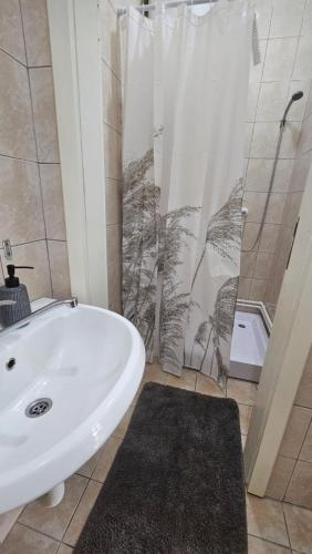 a bathroom with a white sink and a shower at Apartman SPLENDID in Kladovo