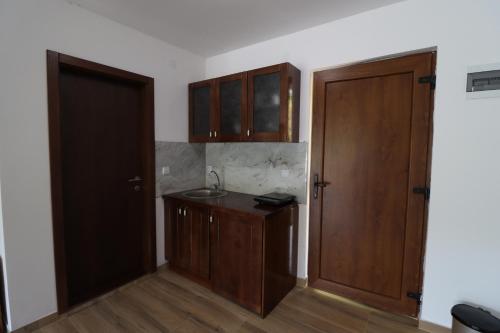 a kitchen with wooden cabinets and a sink next to a door at Dunavska Vila Milosavljevic in Donji Milanovac