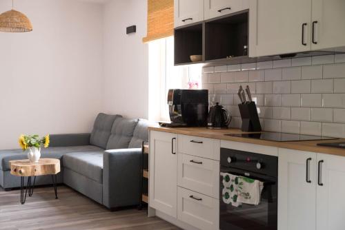 a living room with a couch and a kitchen at Stara Stolarnia Noclegi in Jędrzejówka