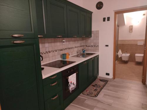 una cucina con armadi verdi e lavandino di Maison Cocò ad Aosta