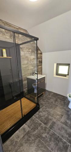 a bathroom with a shower and a toilet and a sink at Cezar House in Codlea