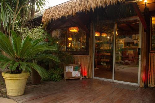 a store front with a potted plant on a wooden deck at Cabañas DELUXE DUNAS DEL ESTE in Punta Colorada