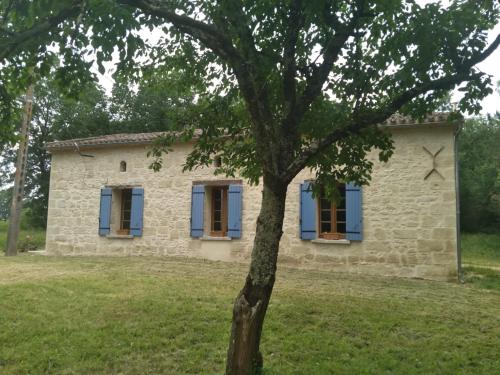 une maison en pierre avec des fenêtres bleues et un arbre dans l'établissement Vakantiehuis Belle Jeanne, à Saint-Colomb-de-Lauzun
